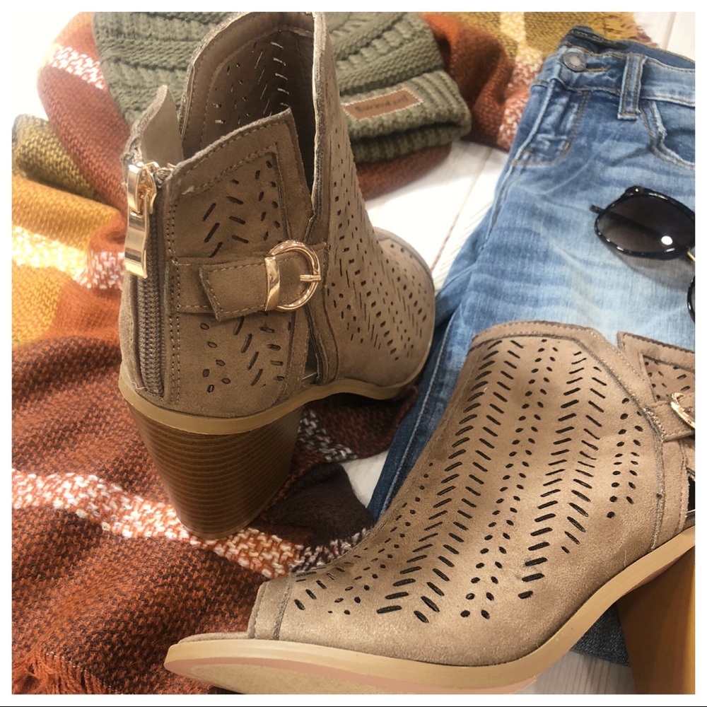 Dark Taupe Open Toe Laser Cut Bootie - Picture 4 of 5